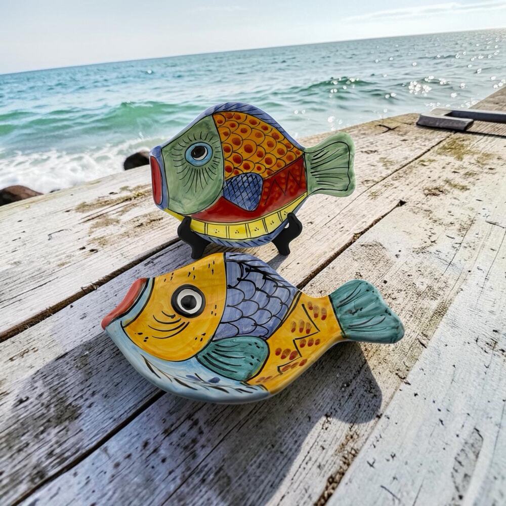 Vietri Pesci Colorati Terracotta Fish Bowls Set of Two Italy 10" Hand Painted